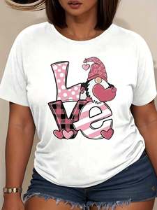 T-shirt da donna bianca con motivo a cuore di gnomo di San Valentino, a maniche corte, girocollo, casual, stampata, in jersey di cotone, per primavera estate - Product Image 3