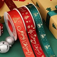 Bahan kemasan DIY ornamen pembungkus Natal undangan kartu cap emas 100% poliester pita Natal pita Satin 38mm