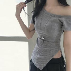 Camiseta Ecológica Casual Minimalista para Mujer, Oferta de Verano, Transpirable, Protección UV, Corte Asimétrico con Botones y Aberturas - Product Image 1