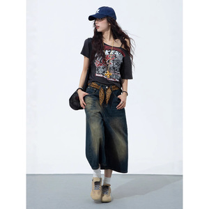 กางเกงขาสั้นผ้ายีนส์เจ็ดจุดสำหรับผู้หญิงกางเกงขากว้างสูงสลิมลำลองสไตล์อเมริกันย้อนยุค2025ฤดูร้อน - Product Image 5