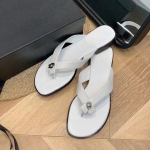 Women's Leather <b>Thong</b> Flip Flops Metal Logo Flat Summer Casual <b>Beach</b> Slippers for Ladies - Product Image 4