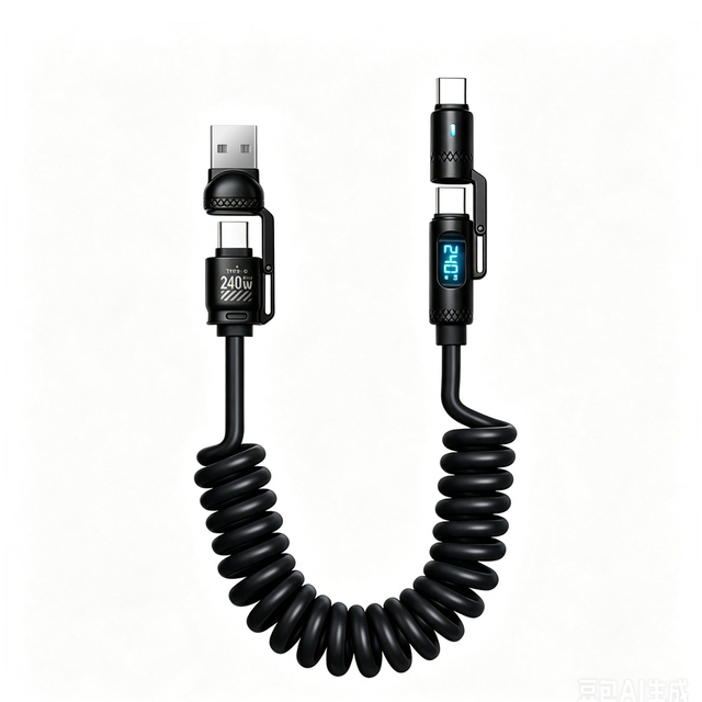 Retractable Spring Coiled Charging Cable 240W High Power PD Fast Charge 4-in-1 Connector Portable Car Use Data Cable