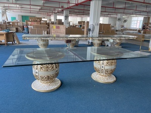 Royal Antique Baroque Style Glass Top <strong>Wooden</strong> Rectangular <strong>Dining</strong> Table Set <strong>with</strong> 8 <strong>Chairs</strong> and Two Bases - Product Image 3