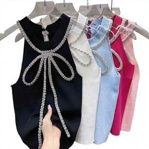 Luxury Halter Neck Breathable Y2K Style Diamond Bow Embroidery Knitted Tank <b>Top</b> for Women 2025 Summer Slim <b>Crop</b> <b>Top</b> - Product Image 3