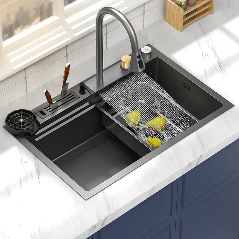 Nano Black Multi Function Modern Smart Sus304 Fregadero de cascada de acero inoxidable Cocina con soporte para cuchillos