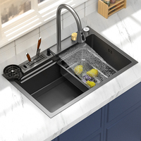 Évier de cuisine extérieur moderne intelligent en acier inoxydable 304 avec robinet cascade multifonction, support à couteaux nano et porte-gobelets triple