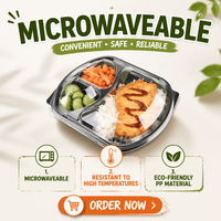 Boîte à lunch jetable en plastique PP avec logo personnalisé, micro-ondable, 3 compartiments, couvercle transparent, pour emporter