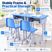 Ensemble de deux bureaux et chaises d'étudiant, mobilier scolaire, étagères de rangement doubles, design ergonomique, construction durable en plastique et métal pour
