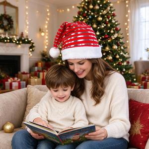 Chapeau de Père Noël en velours rayé avec bordure en fourrure blanche, décorations classiques pour les fêtes de Noël - Product Image 3