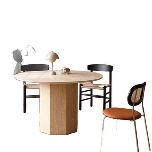 Table à manger ronde en bois massif avec plateau en marbre, design minimaliste, idéale pour les petits appartements, structure stable - Product Image 5