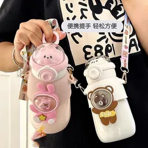 Wholesale Cute Kids Water Bottle Double Wall Stainless Steel Thermos Cup For Kids With Strap Straw