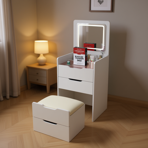 Coiffeuse compacte à 3 tiroirs avec miroir rabattable et tabouret rembourré pour petites chambres – Table de maquillage moderne en MDF à poser au sol - Product Image 2