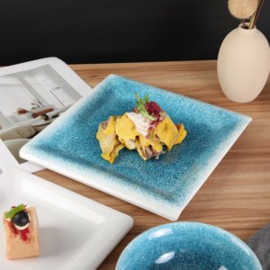 Assiette en mélamine moderne A5 bleu diamant, 8 pouces, carrée, rectangulaire, brillante, écologique, durable, vaisselle de camping en gros - Product Image 1