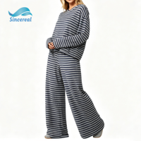 Ensemble de vêtements décontractés pour femmes, pantalon de détente à jambes larges, taille élastique, tricot doux, col rond, manches longues, rayures surdimensionnées personnalisées