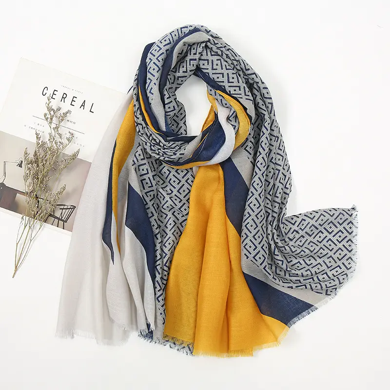 Wholesale Yellow And Blue Geometric Print Long Shawl Elegant Woman Cotton Linen Scarf