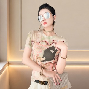 2026 New Short-sleeved Positioning Printed Crewneck Mesh T-shirt Women's Fashionable Slim-fit Slimming Base Shirt Trendy - Product Image 2