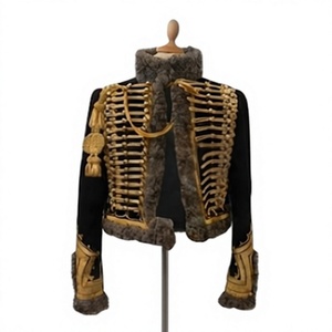Men's Gothic Double Breasted <b>Woolen</b> Jacket With Fur Collar And Gold Embroidered Skeleton Design Winter Hussar Jacket - Product Image 1