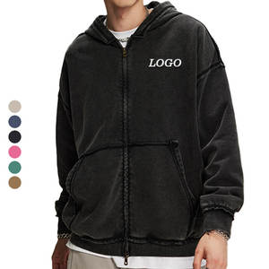 Custom High Quality Autumn Streetwear Oversized <b>Zip</b>-Up Vintage Double-Layer Acid Wash Sun-Faded Distressed <b>Pockets</b> <b>Hoodie</b> - Product Image 4