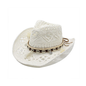 Mode été plage Western creux Sombreros Cowboy chapeaux Cowgirl casquettes de paille Vintage hommes chapeaux avec coquillages glands décoration - Product Image 1