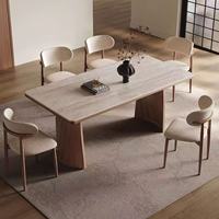 Ensemble de table à manger moderne, luxe léger, écologique, durable, base stable, plateau en bois massif, dalle de quartz, design nordique, 6 assemblés