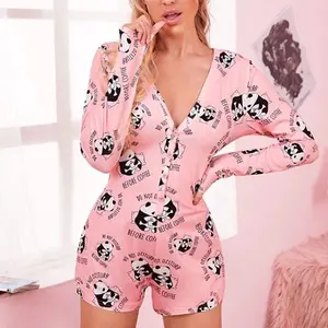 OEM Custom Wholesale 2021 Sexy Bodysuit nightwear Jumpsuit Shorts Romper Panda And Slogan Graphic Pajama Onesie for women's