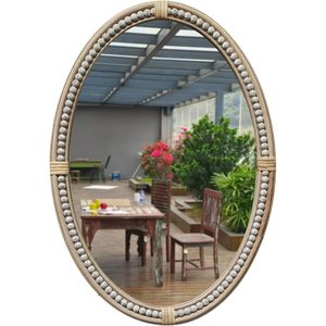 PARISLOFT Espejo Ovalado de 26 Pulgadas con Marco de Ratán y Cuentas, Espejo Decorativo de Pared Estilo Boho para Sala de Estar o Dormitorio - Product Image 1