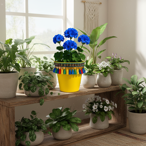 NF Lauren Yellow Tassel Flower Pot Private Label Ethnic Decorative <b>Plastic</b> <b>Planter</b> Hand Painted Boho Character Desktop Face Pot - Product Image 1