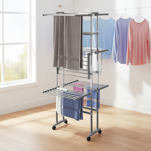 Séchoir à linge pliable à 3 niveaux en argent avec roulettes, 23,6x27,6x50,8 pouces, type sur pied, pour salle de bain, organiseur de vêtements - Product Image 2