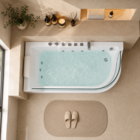 Baignoire d'angle en acrylique sur mesure de 59 pouces avec panneau frontal en verre incurvé, hydrothérapie multi-jets et raccords chromés