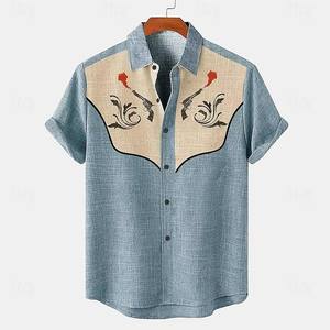 <span class=keywords><strong>Camicia</strong></span> estiva da <span class=keywords><strong>uomo</strong></span> a maniche corte in stile etnico con stampa azteca, misto <span class=keywords><strong>lino</strong></span>, casual, con bottoni, da spiaggia - Product Image 3