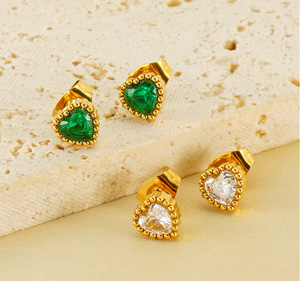 18K Gold Cubic Zirconia Heart Stud Earrings Stainless Steel Red Green Diamond Fashionable Fine <strong>Jewelry</strong> Gift for Girls Women - Product Image 3