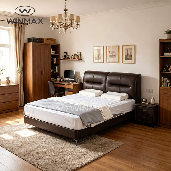 Modern Double Bed Upholstered Genuine Leather Foam White Wooden Iron Frame Comfortable Assembled Bed for Bedroom Hotel