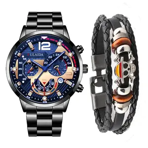Men Watch Two Pieces Bracelet Set Quartz Wrist Watch Business Clock Calendar Chronograph Men Jewelry with Gift Box Sport gift
