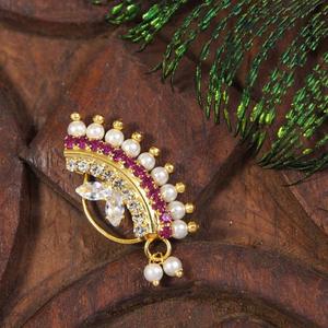 Indian Traditional Pearl Drop <b>Nose</b> <b>Ring</b> Gold Plated Copper Flower <b>Nath</b> Nathani for Women Bridal Wedding Engagement Jewelry - Product Image 2