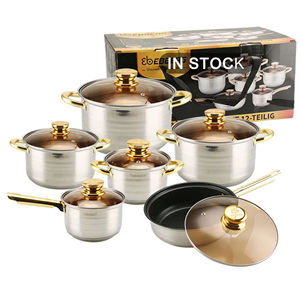 Lot de 12 ustensiles de cuisine modernes en acier inoxydable doré avec couvercles en verre, compatibles four et lave-vaisselle - Product Image 1