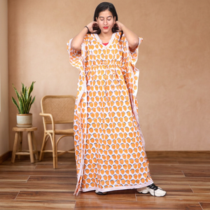 Vestido Kaftán Maxi Holgado con Estampado de Puntos Naranjas, Manga Corta, 100% Algodón, Transpirable, Ropa Casual de Verano, Cuello en V, Corte Recto - Product Image 3