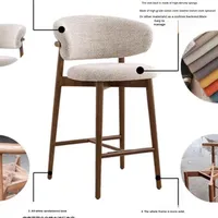 Tabouret de Bar de Cuisine Moderne Style Nordique, Cadre en Bois Massif, Dossier Haut, Tissu Personnalisable, Design Vintage pour Salon