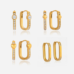 ต่างหูแบบห่วงชุบทอง 18K สแตนเลสประดับเพชรขาวรูปตัว U รูปหัวใจ เครื่องประดับสำหรับงานปาร์ตี้สำหรับผู้หญิง - Product Image 1