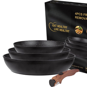 Ensemble de casseroles en aluminium forgé à induction antiadhésif avec revêtement céramique moderne, couvercles en verre et poignée amovible en bois doux au toucher - Product Image 1
