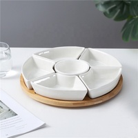Plateau de service rotatif en bambou moderne, ensemble de plats divisés en porcelaine trempette avec plateau tournant pour trempettes, collations, amuse-gueules