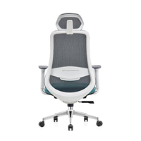 Chaise de bureau ergonomique moderne en maille, cadre blanc, maille noire, coussin turquoise avec appui-tête et accoudoirs pour bureau à domicile