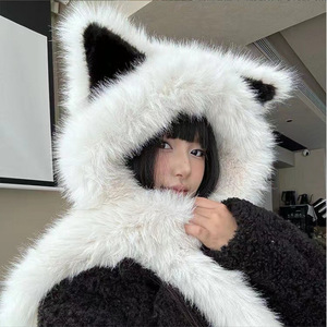 Gorro de Orejas de Zorro de Peluche con Bufanda Integrada, Cálido, Cortavientos y Ajustable, para Mujer, Accesorio de Moda de Invierno - Product Image 1