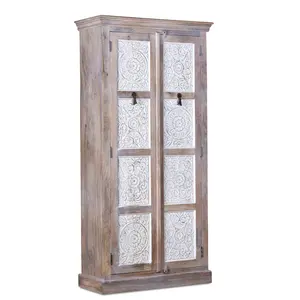 Mango Wood Almirah Wardrobe Storage Hand Carved Floral Art Design White Distressed Painted Finish White Washed Furniture