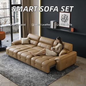 Ensemble <span class=keywords><strong>de</strong></span> canapés d'hôtel extensibles intelligents sans dégagement mural en cuir véritable motorisé sectionnel fonctionnel dormeur grand canapé-lit salon - Product Image 2