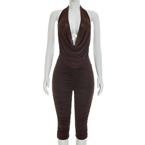 วิวิบลูค์ C26ST071 ชุดฤดูร้อนสำหรับผู้หญิง เซ็กซี่ คอปก สายเดี่ยวผูกคอ ผ้าตาข่าย จับจีบ กางเกงขาสั้นลำลอง ชุดสองชิ้น - Product Image 4