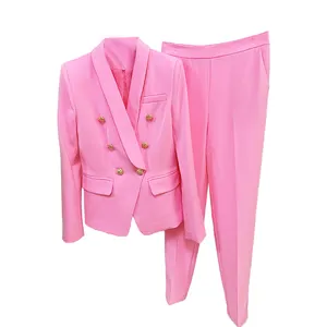 2022女装批发套装时尚粉色套装XXL披肩领夹克长裤套装粉色女装套装2XL