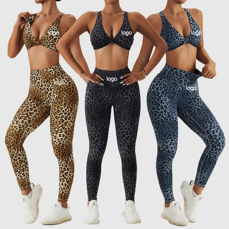 All'ingrosso Fitness Yoga Active Wear Set donna palestra Cross Back reggiseno sportivo pantaloni da Yoga con sollevamento del culo Leopard Yoga Set 2 pezzi