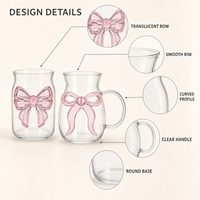 Jolies tasses à dessert en verre borosilicate transparent de 15 oz et 16 oz avec nœud rose 3D et tasse à café glacé avec poignée pour cadeaux à domicile