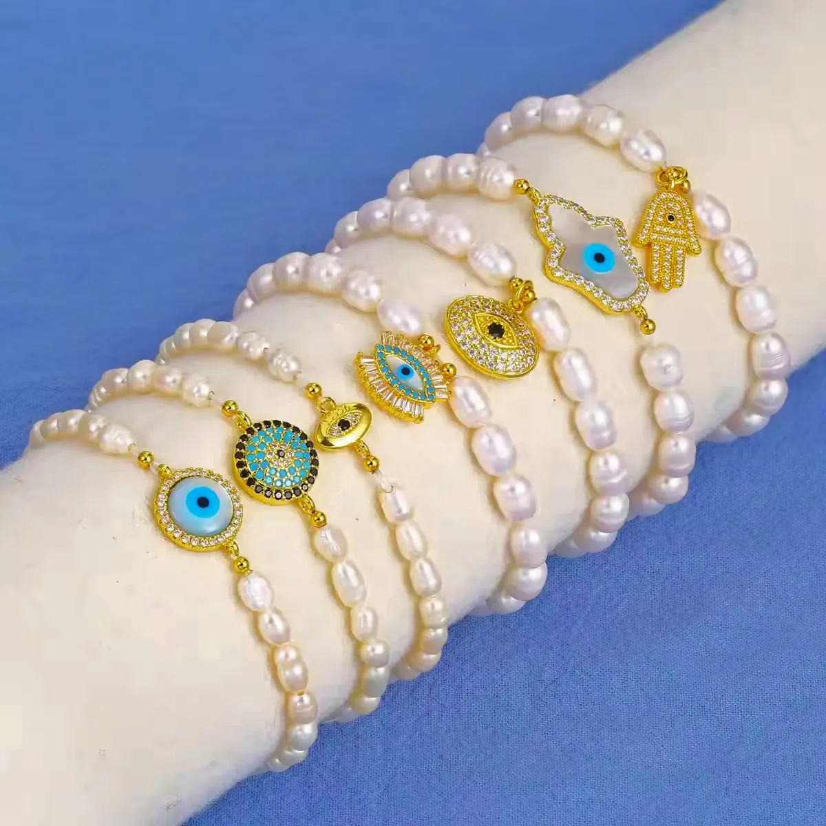 Fashion Jewelry Custom Slap Bracelets Bangle Natural Freshwater Pearl Beaded Crystal Evil Eyes Charm Bracelets For Women