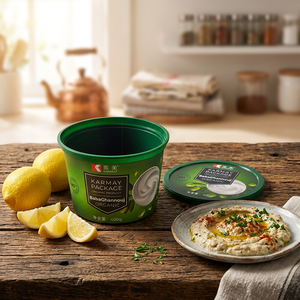 Emballage de pâtes en pot plastique rond de 500g avec couvercle pour houmous, harissa, muham, labneh, tzatziki, baba ghanoush, sauces orientales - Product Image 1